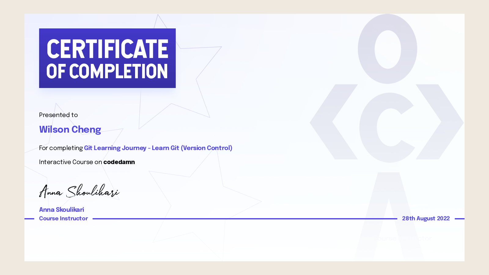 Wilson Cheng's certification for Git Learning Journey Learn Git