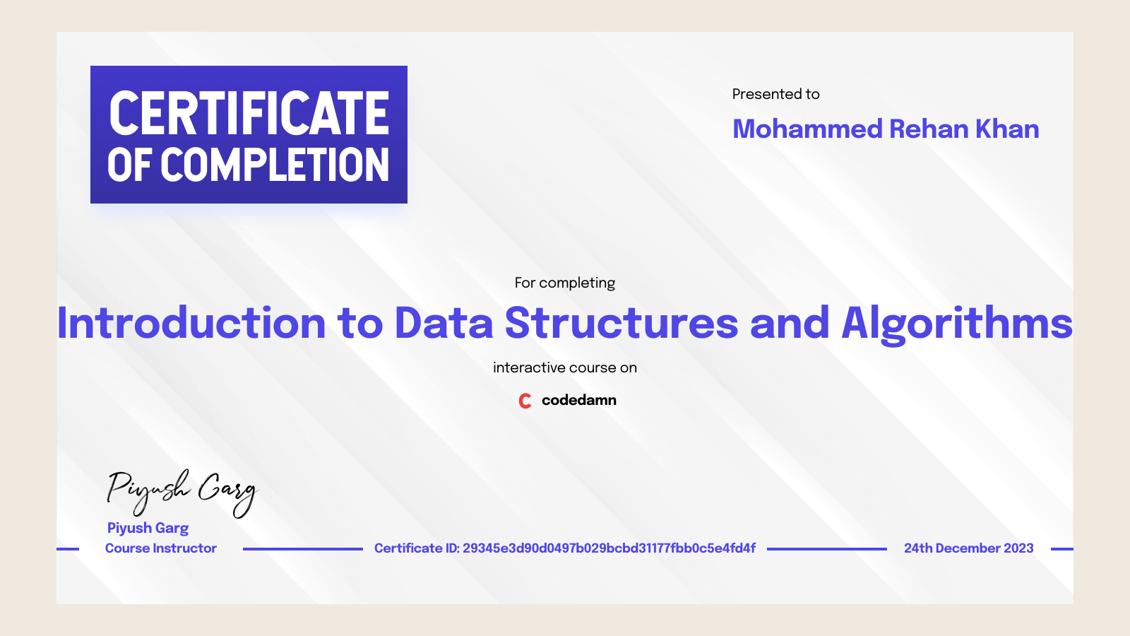 Mohammed rehan khan s certification for introduction to data structures