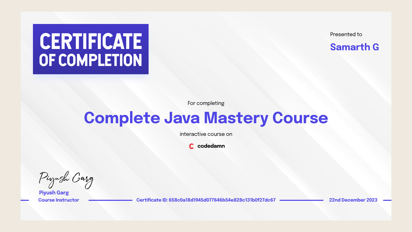 Samarth G's certification for Complete Java Mastery Course | codedamn