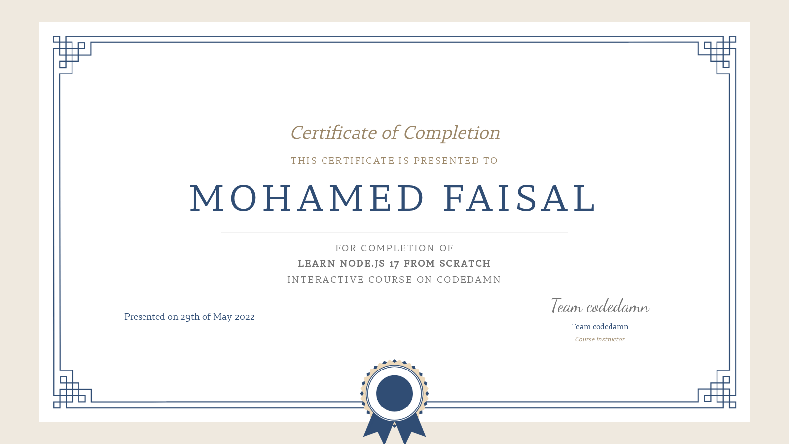 Mohamed faisal s certification for learn node js from scratch codedamn