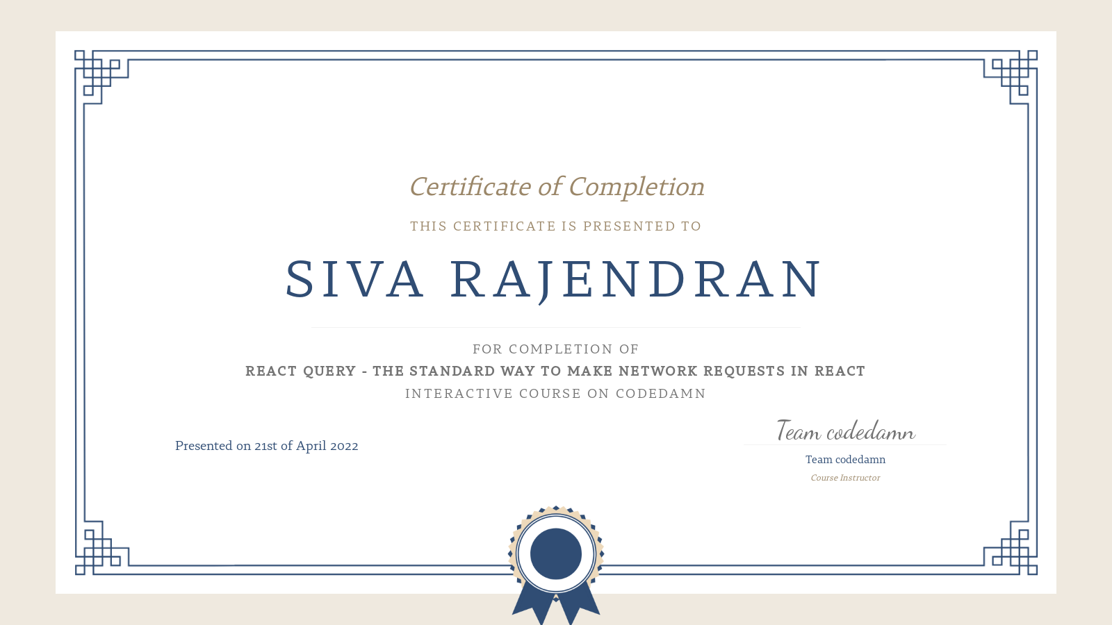 Siva Rajendran's certification for React Query - The standard way to ...