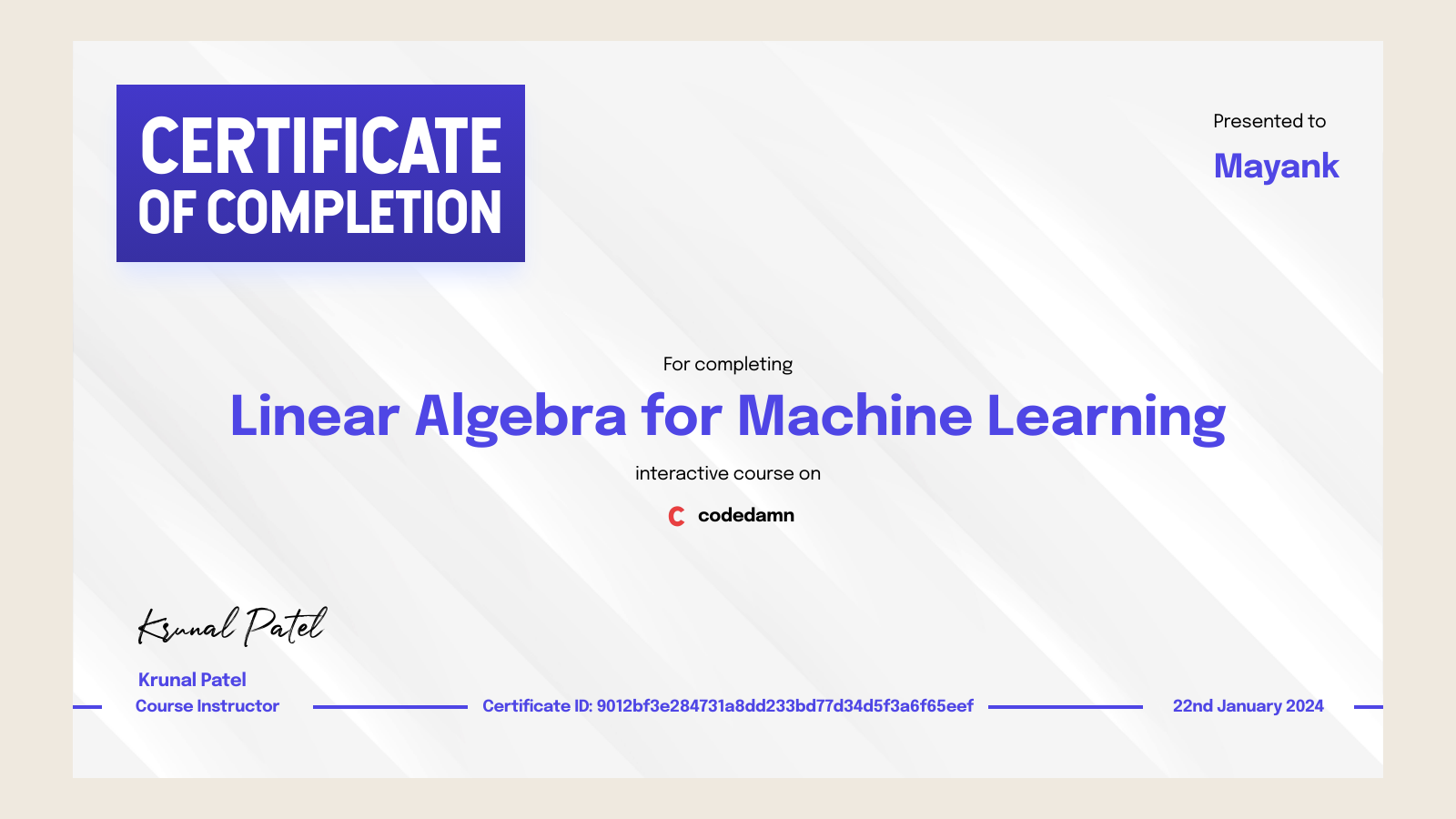 Mayank s certification for linear algebra for machine learning codedamn