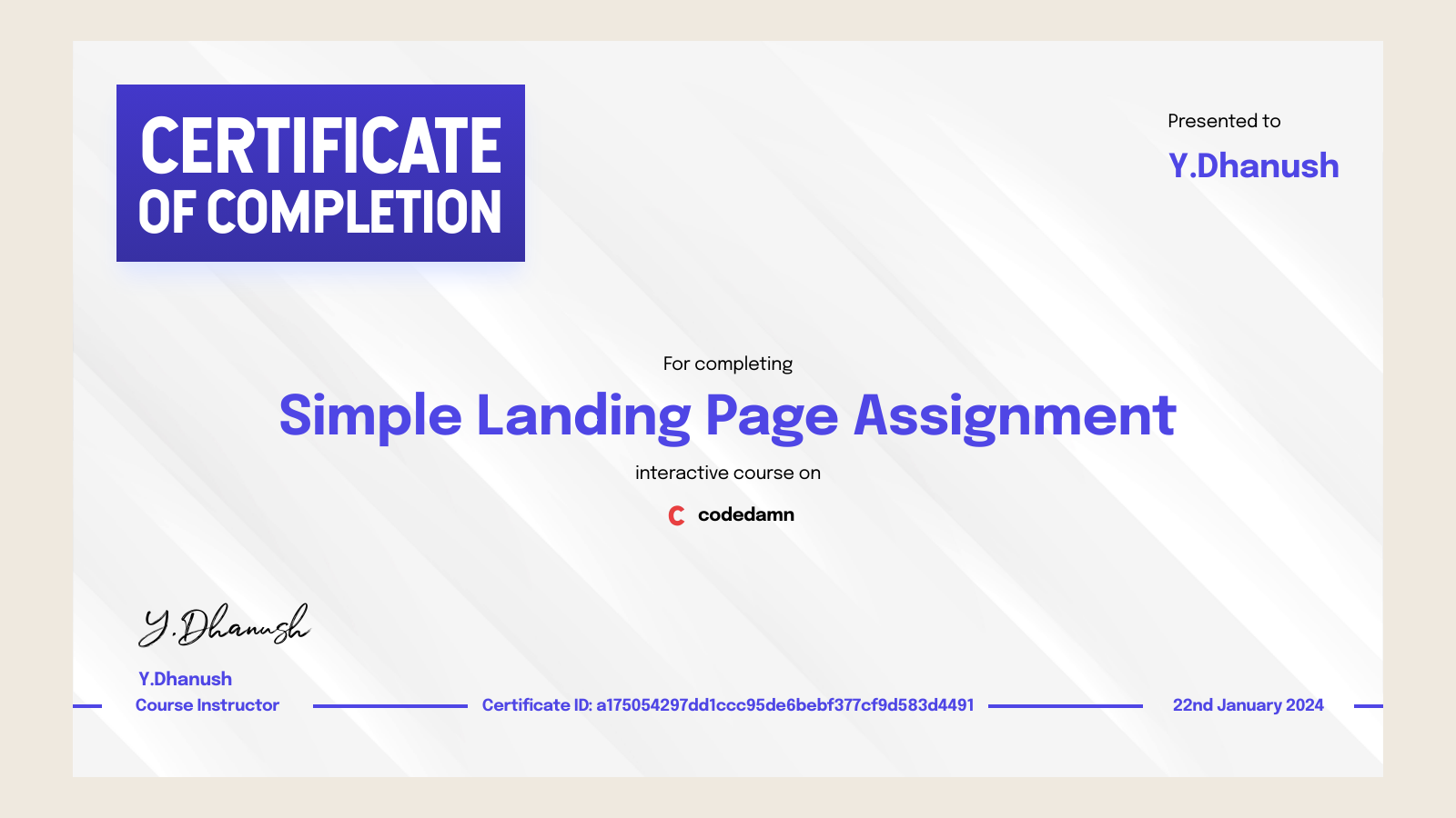 Y dhanush s certification for simple landing page assignment codedamn