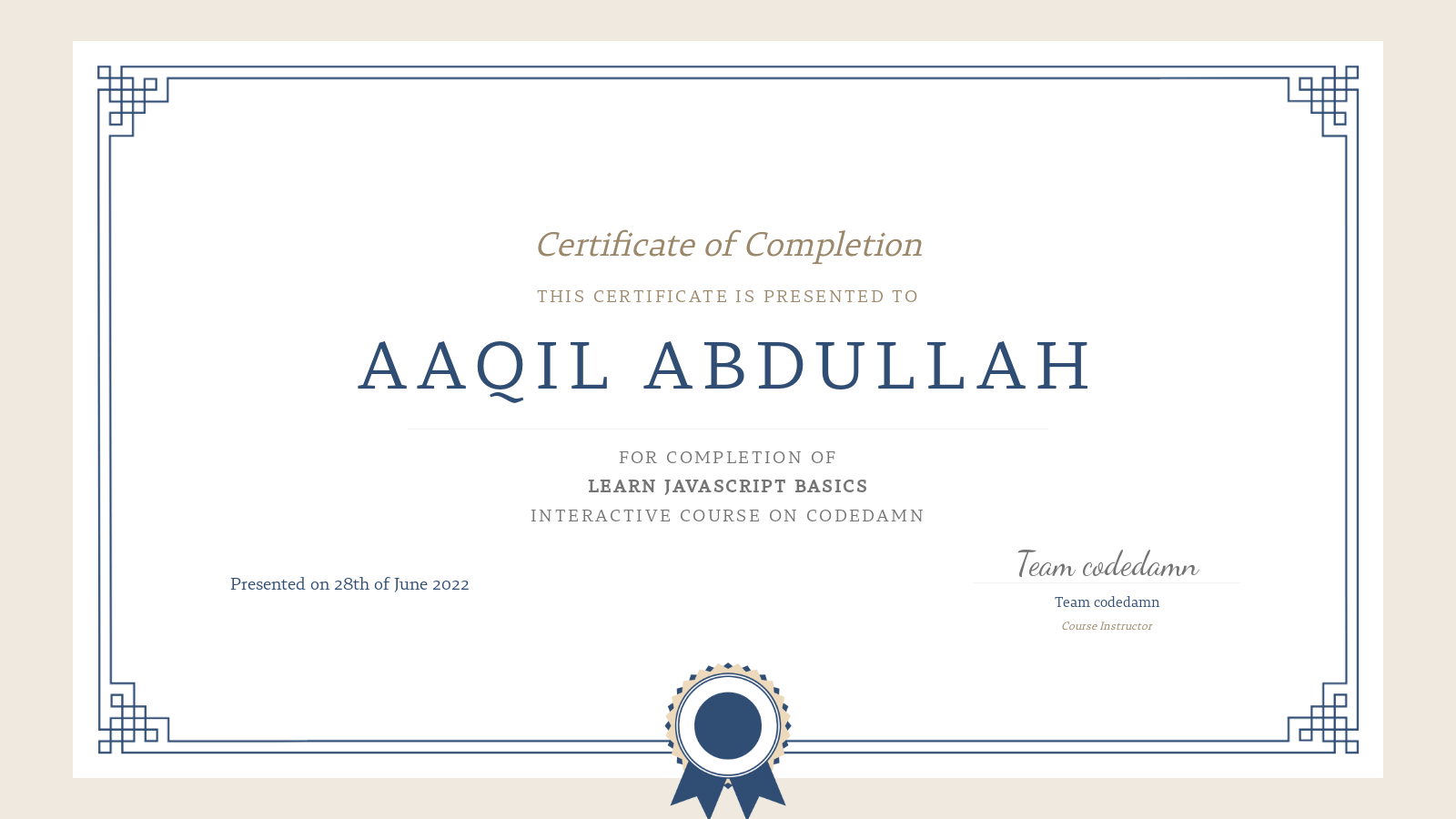 Notdamny s certification for learn javascript basics codedamn